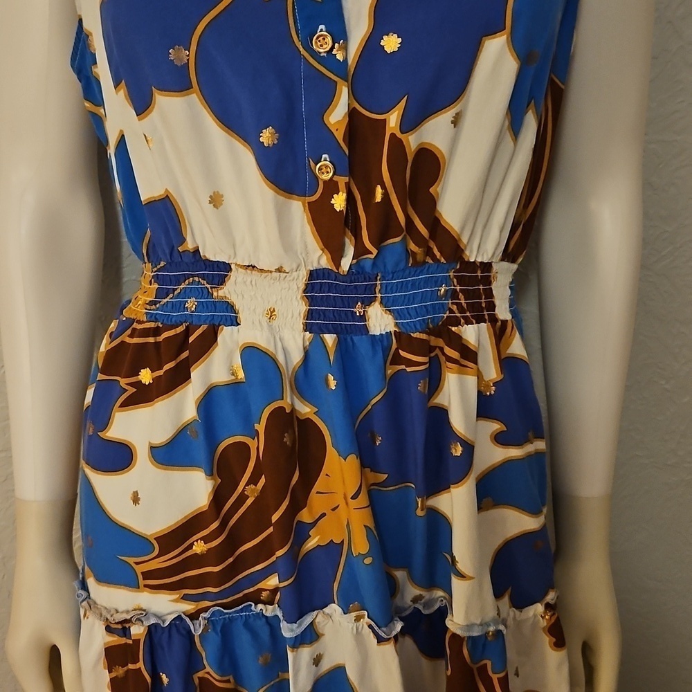 ALEX and PARKER Tropical Blue Floral Sleeveless Tiered Shirt Tiki Dress - Picture 5 of 13